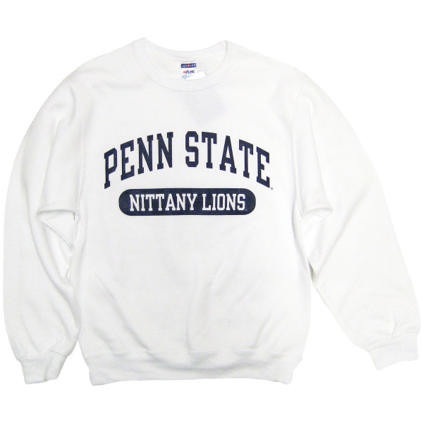 white crew neck sweatshirt with arched Penn State above Nittany Lions